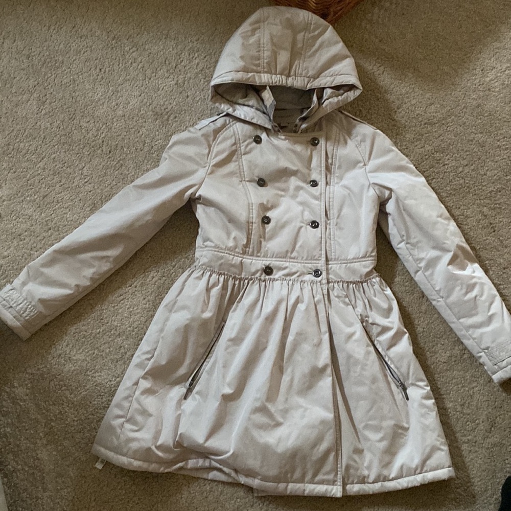 Authentic Burberry spring coat lined jacket hood peplum ruffle swing tan 14 2 4